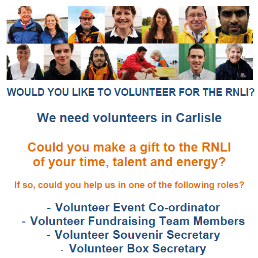 RNLI Appeal for volunteers in Carlisle to help run the local brancjh of the organisation.