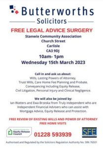 Free legal surgery at Stanwix Community centre poster